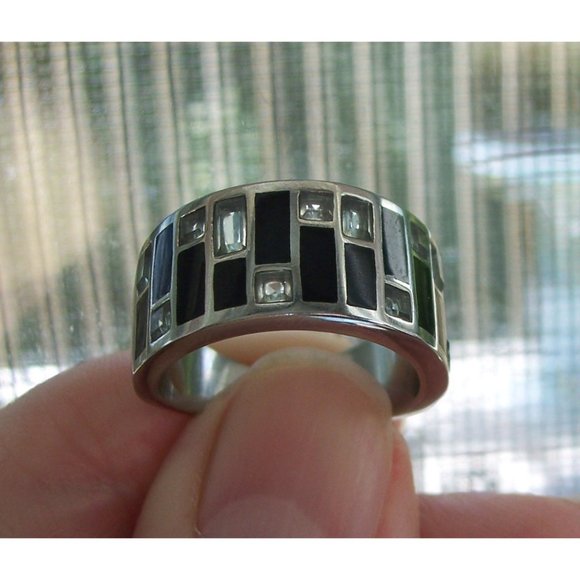 STAINLESS STEEL Sea Blue CZ Art Deco Band Ring - Picture 8 of 16